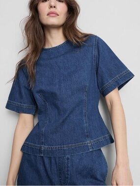 Blue Denim crew neck short sleeve peplum top size 2 XXS